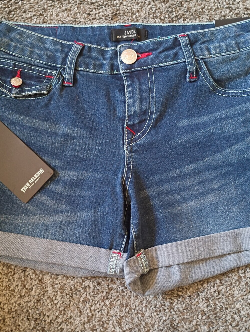 NWT True Religion Blue Denim Jean Shorts with Red Stitching